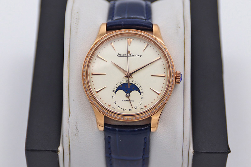 Jaeger-LeCoultre Master Ultra Thin Moonphase RG/LE Diamond Bezel White Dial Blue Leather Strap TW MY9015 to Cal.925