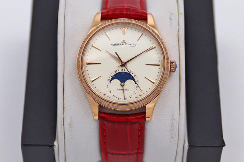 Jaeger-LeCoultre Master Ultra Thin Moonphase RG/LE Diamond Bezel White Dial Red Leather Strap TW MY9015 to Cal.925