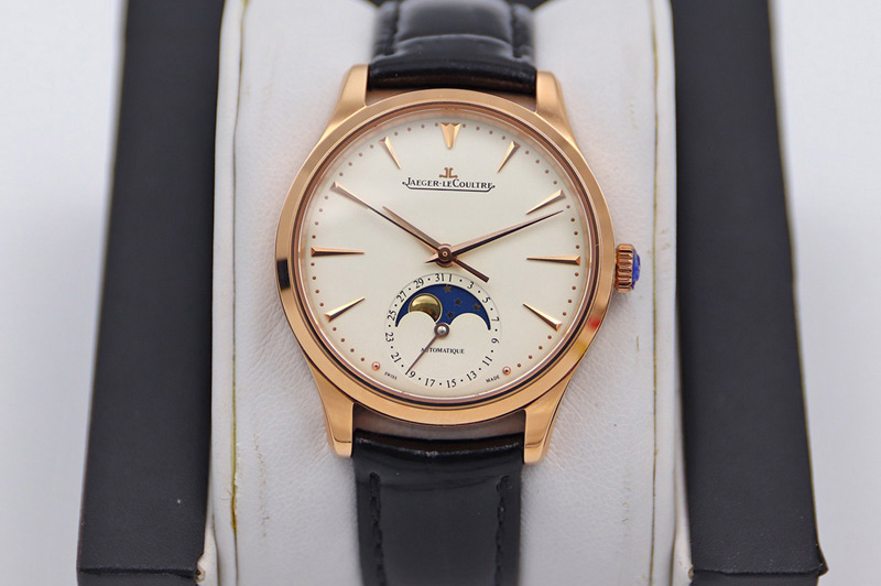 Jaeger-LeCoultre Master Ultra Thin Moonphase RG/LE White Dial Black Leather Strap TW MY9015 to Cal.925