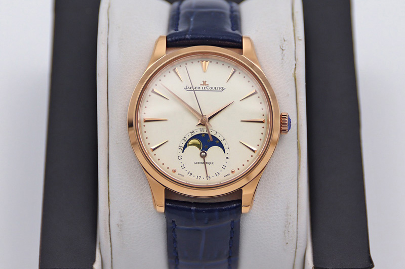 Jaeger-LeCoultre Master Ultra Thin Moonphase RG/LE White Dial Blue Leather Strap TW MY9015 to Cal.925