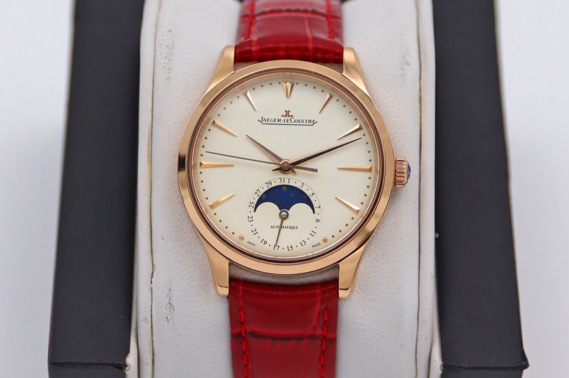 Jaeger-LeCoultre Master Ultra Thin Moonphase RG/LE White Dial Red Leather Strap TW MY9015 to Cal.925