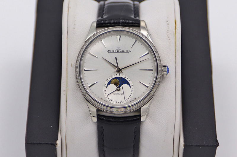 Jaeger-LeCoultre Master Ultra Thin Moonphase SS/LE White Dial Diamond Bezel Black Leather Strap TW MY9015 to Cal.925