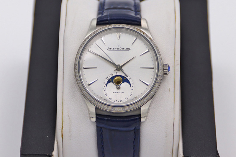 Jaeger-LeCoultre Master Ultra Thin Moonphase SS/LE White Dial Diamond Bezel Blue Leather Strap TW MY9015 to Cal.925