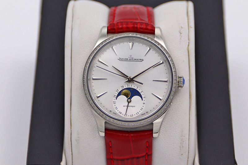 Jaeger-LeCoultre Master Ultra Thin Moonphase SS/LE White Dial Diamond Bezel Red Leather Strap TW MY9015 to Cal.925