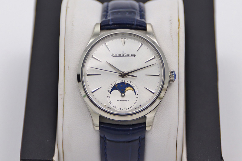 Jaeger-LeCoultre Master Ultra Thin Moonphase SS/LE White Dial Blue Leather Strap TW MY9015 to Cal.925