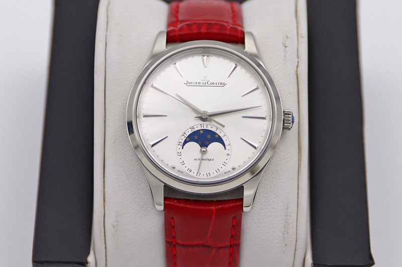 Jaeger-LeCoultre Master Ultra Thin Moonphase SS/LE White Dial Red Leather Strap TW MY9015 to Cal.925