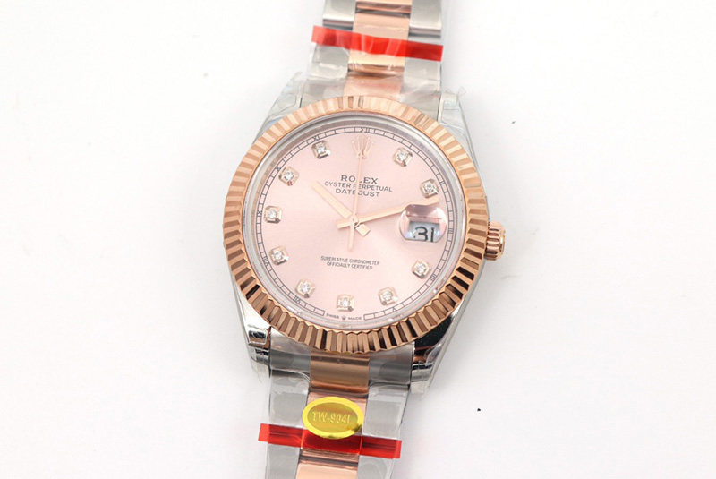 Rolex DateJust 41 126334 SS/RG TW 1:1 Best Edition Pink Dial Diamond Markers on Oyster Bracelet A3235 Clone