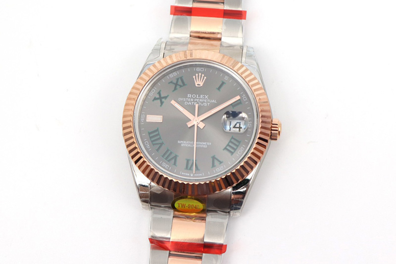 Rolex DateJust 41 126334 SS/RG TW 1:1 Best Edition Gray Dial Green Roman Markers on Oyster Bracelet A3235 Clone
