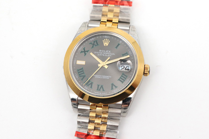 Rolex DateJust 41 126334 SS/YG TW 1:1 Best Edition Gray Dial Green Roman Markers on Jubilee Bracelet A3235 Clone