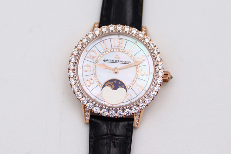 Jaeger-LeCoultre Rendez-Vous Night & Day RG Diamonds Bezel ZF 1:1 Best Edition White MOP Dial on Black Leather Strap A898