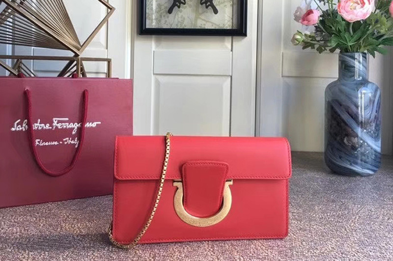 Ferragamo 21F557 Small Gancini Bags With Front Flap Red Calfskin Leather