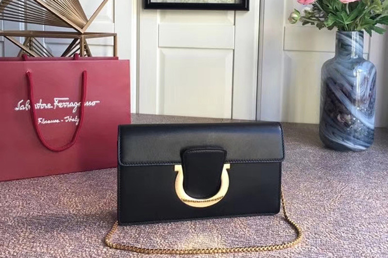 Ferragamo 21F557 Small Gancini Bags With Front Flap Black Calfskin Leather