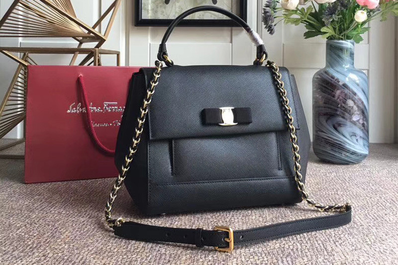 Ferragamo 21F558 Carrie Top Handle Bags In Black Calfskin Leather