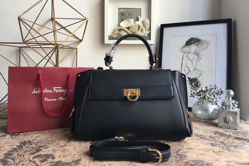 Ferragamo 21F606 Sofia Tote Bags in Black Calfskin Leather
