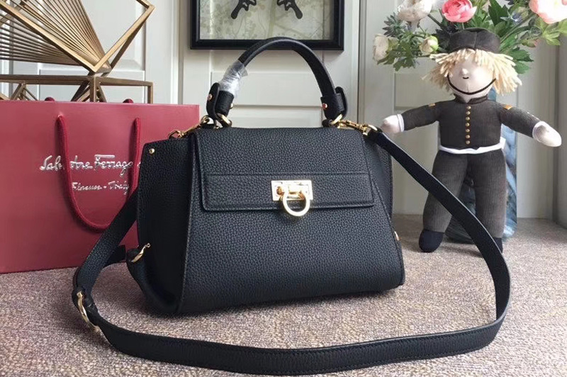 Ferragamo 21F628 Sofia Small Tote Bags in Black hammered leather