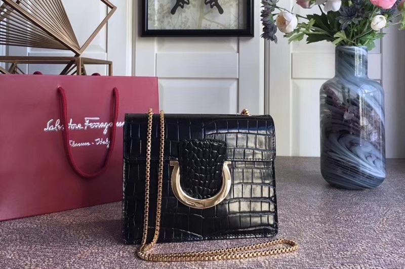 Ferragamo 21F893 Gancini Bags With Front Flap Black Crocodile Print Calfskin Leather
