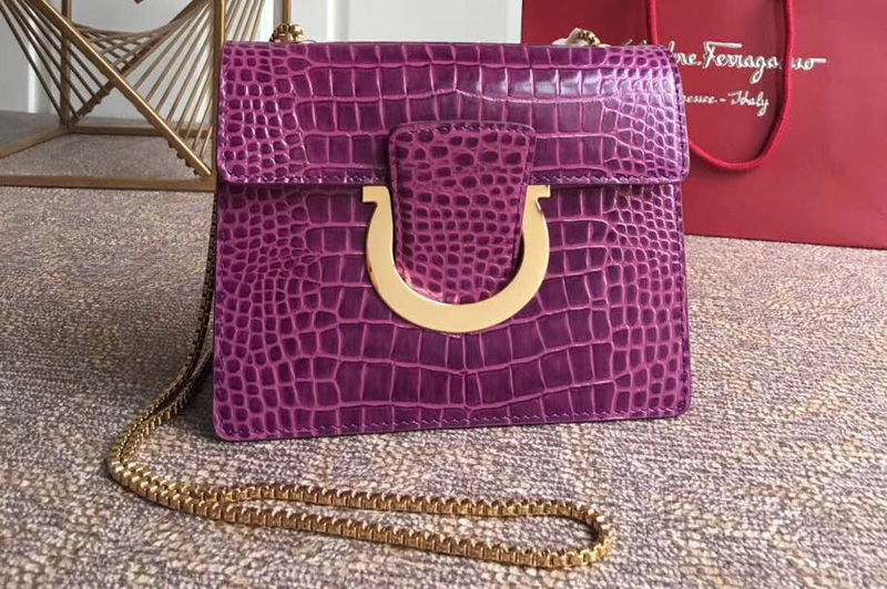 Ferragamo 21F893 Gancini Bags With Front Flap Purple Crocodile Print Calfskin Leather