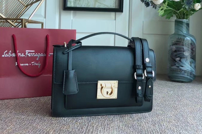 Ferragamo 21G179 Aileen Medium Crossbody Bags in Black Calfskin Leather