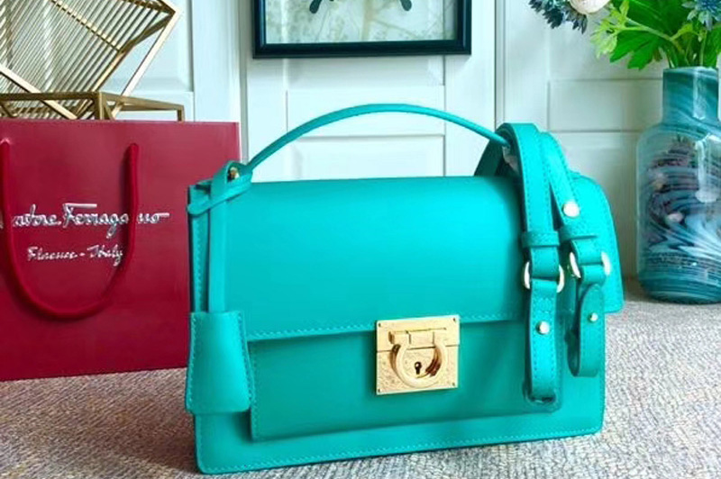 Ferragamo 21G179 Aileen Medium Crossbody Bags in Blue Calfskin Leather
