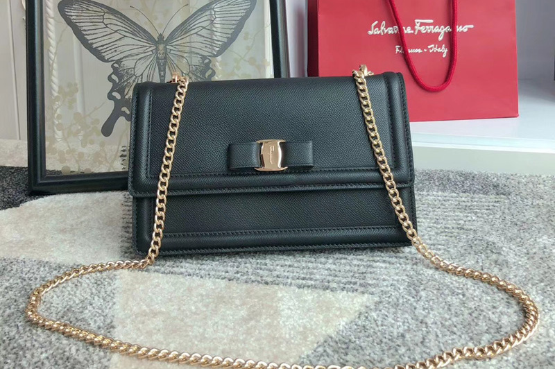 Ferragamo 21G462 Vara Bow Flap Bags Black hammered calfskin