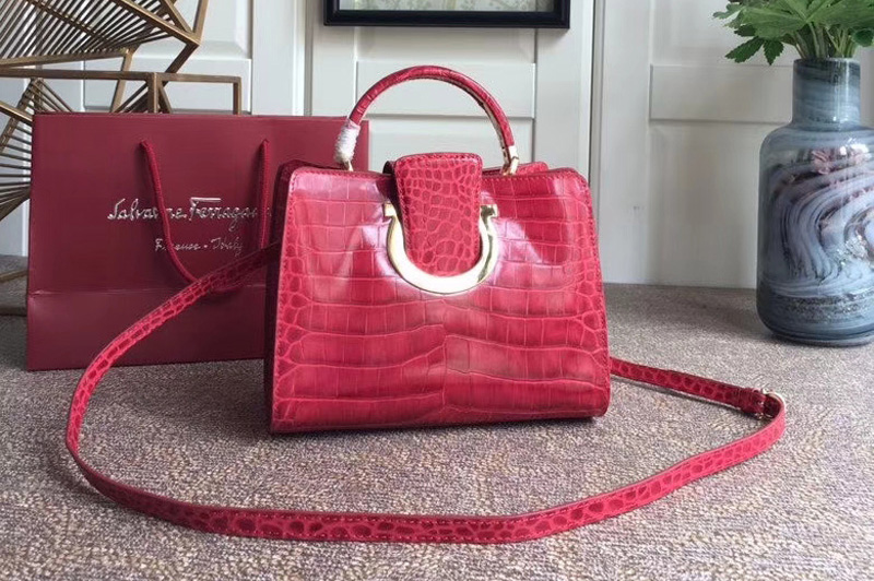 Ferragamo 21G596 Gancini Top handle bag Red Crocodile Print Calfskin Leather