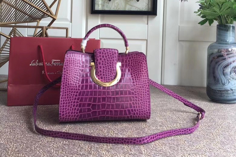 Ferragamo 21G596 Gancini Top handle bag Purple Crocodile Print Calfskin Leather
