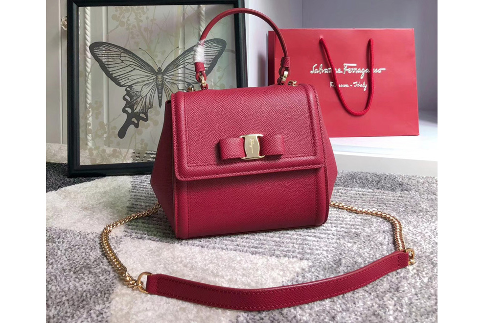 Ferragamo 21G646 Vara Bow Top Handle Bags Bordeaux embossed calfskin