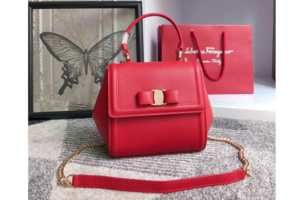 Ferragamo 21G646 Vara Bow Top Handle Bags Red embossed calfskin