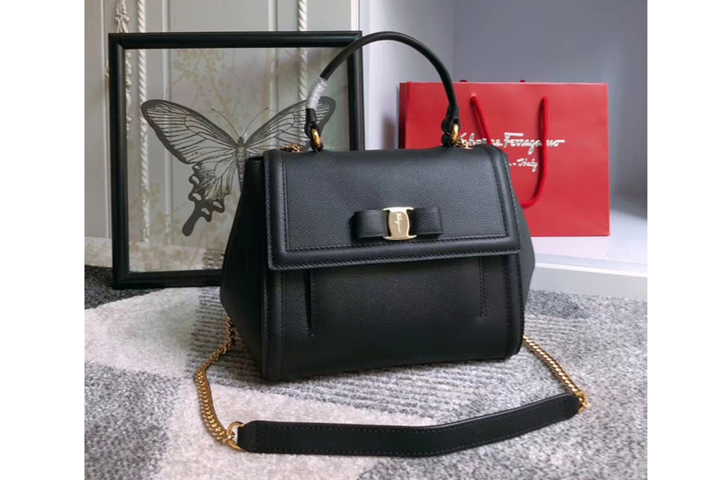 Ferragamo 21G697 Vara Bow Top Handle Bags in Black calfskin leather
