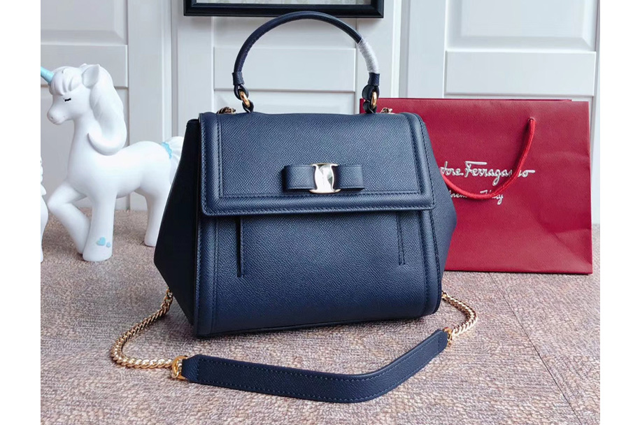 Ferragamo 21G697 Vara Bow Top Handle Bags in Blue calfskin leather