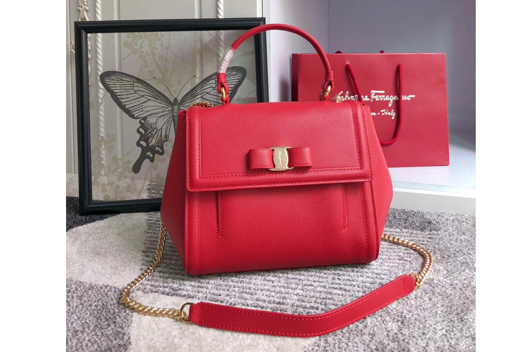Ferragamo 21G697 Vara Bow Top Handle Bags in Red calfskin leather