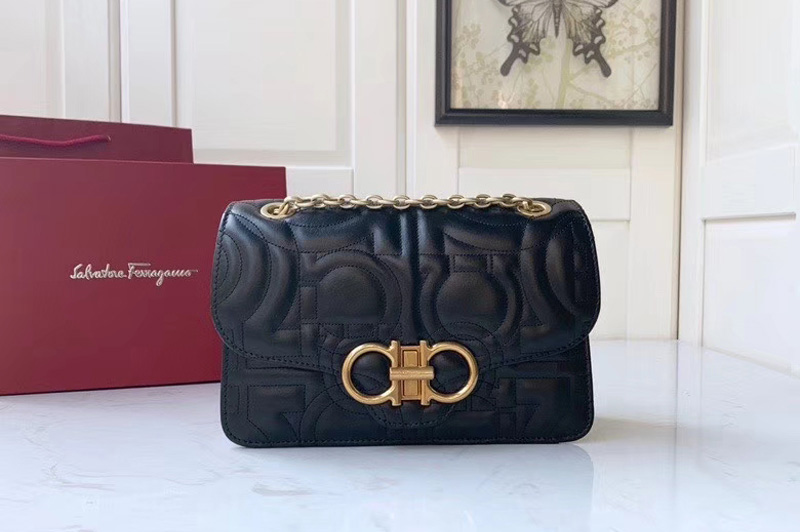 Ferragamo 21H168 Quilted Gancini Bags With Front Flap in Black calfskin leather