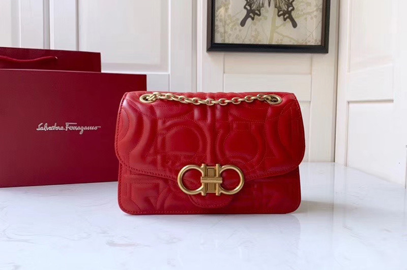 Ferragamo 21H168 Quilted Gancini Bags With Front Flap in Red calfskin leather