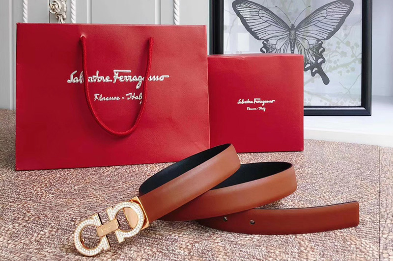 Salvatore Ferragamo 23B328 25mm Diamond Gancini Belts in Brown calfskin leather