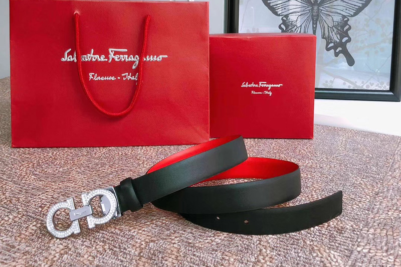 Salvatore Ferragamo 23B328 25mm Diamond Gancini Belts in Black/Red calfskin leather
