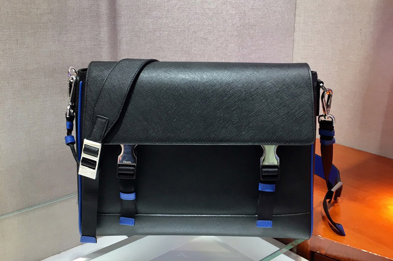 Prada 2VD018 Saffiano Leather Cross-Body Bag in Black/Blue Saffiano Leather