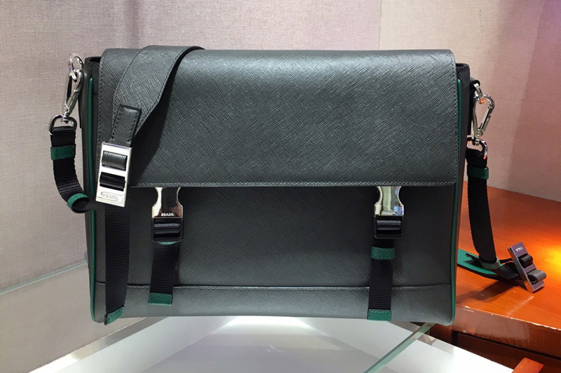 Prada 2VD018 Saffiano Leather Cross-Body Bag in Black/Green Saffiano Leather