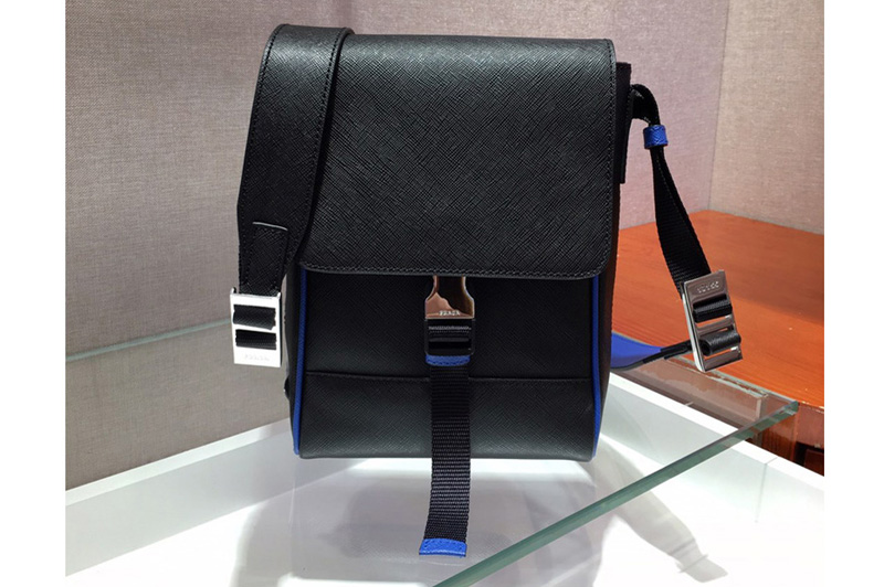 Prada 2VD019 Saffiano Leather Cross-Body Bag in Black/Blue Saffiano Leather