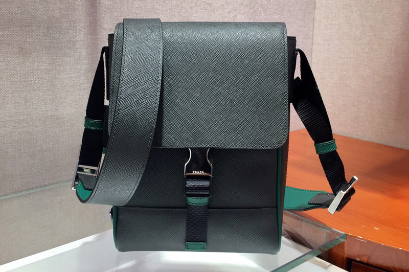 Prada 2VD019 Saffiano Leather Cross-Body Bag in Black/Green Saffiano Leather