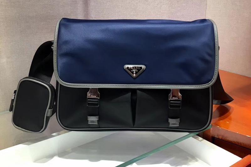 Prada 2VD768 Nylon and Saffiano leather shoulder bags Blue/Black Nylon