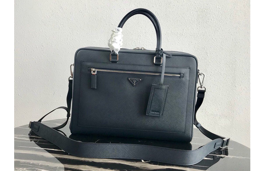 Prada 2VE016 Saffiano Leather Briefcase Bag in Navy Blue Saffiano leather