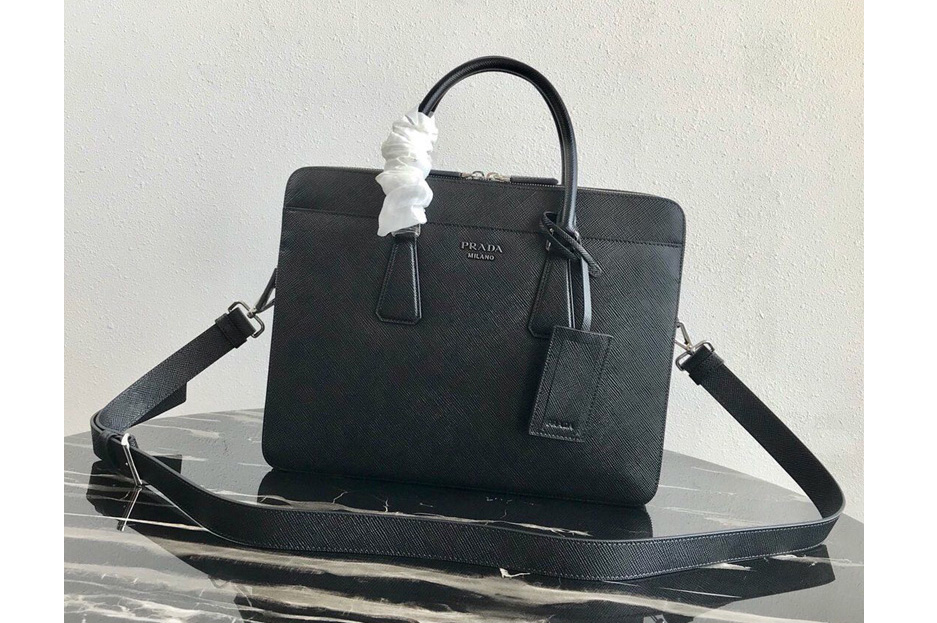 Prada 2VE366 Saffiano Leather Briefcase Bag in Black Saffiano leather