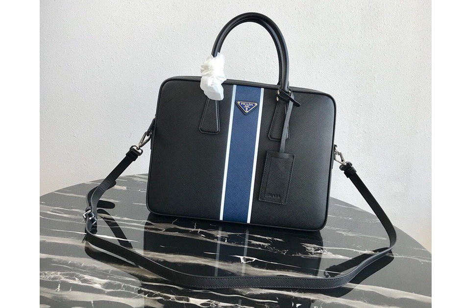 Prada 2VE368 Saffiano Leather Briefcase Bag in Black Saffiano leather With Blue Web