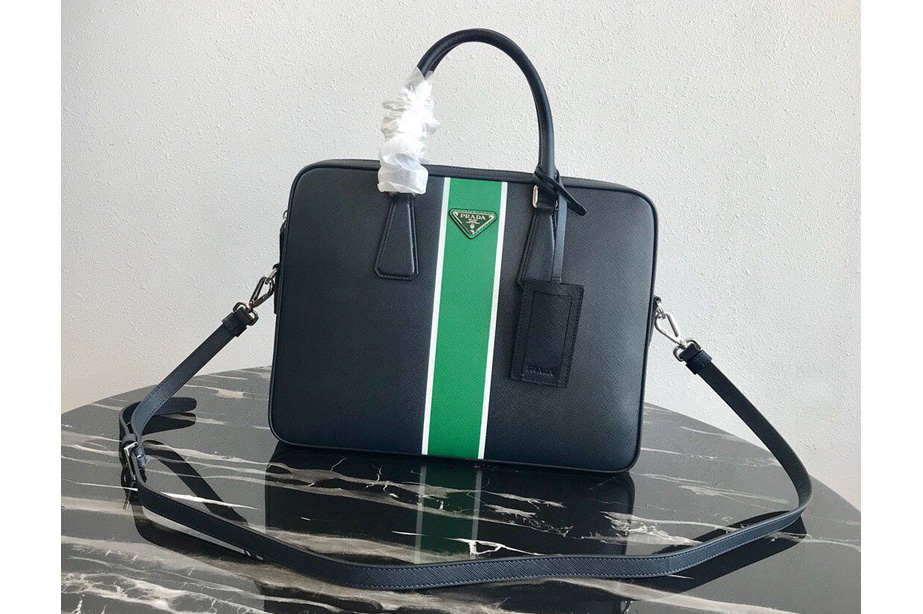 Prada 2VE368 Saffiano Leather Briefcase Bag in Black Saffiano leather With Green Web