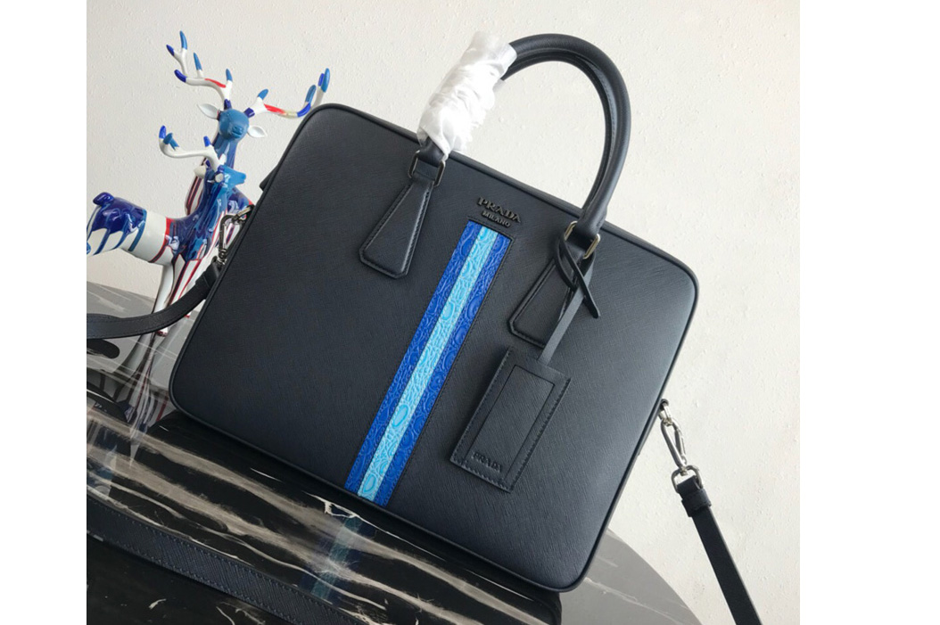 Prada 2VE368 Saffiano Leather Briefcase Bag in Navy Blue Saffiano leather With Blue/Light Blue Web