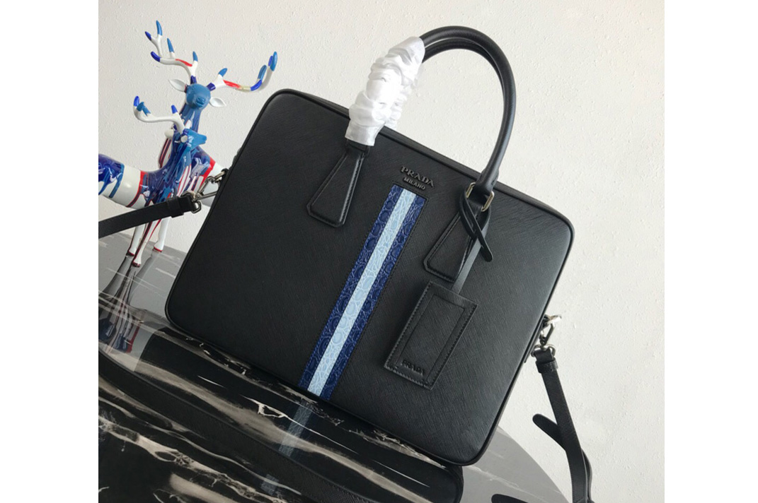 Prada 2VE368 Saffiano Leather Briefcase Bag in Black Saffiano leather With Blue/Light Blue Web