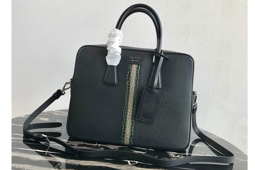 Prada 2VE368 Saffiano Leather Briefcase Bag in Black Saffiano leather With Green/Beige Web