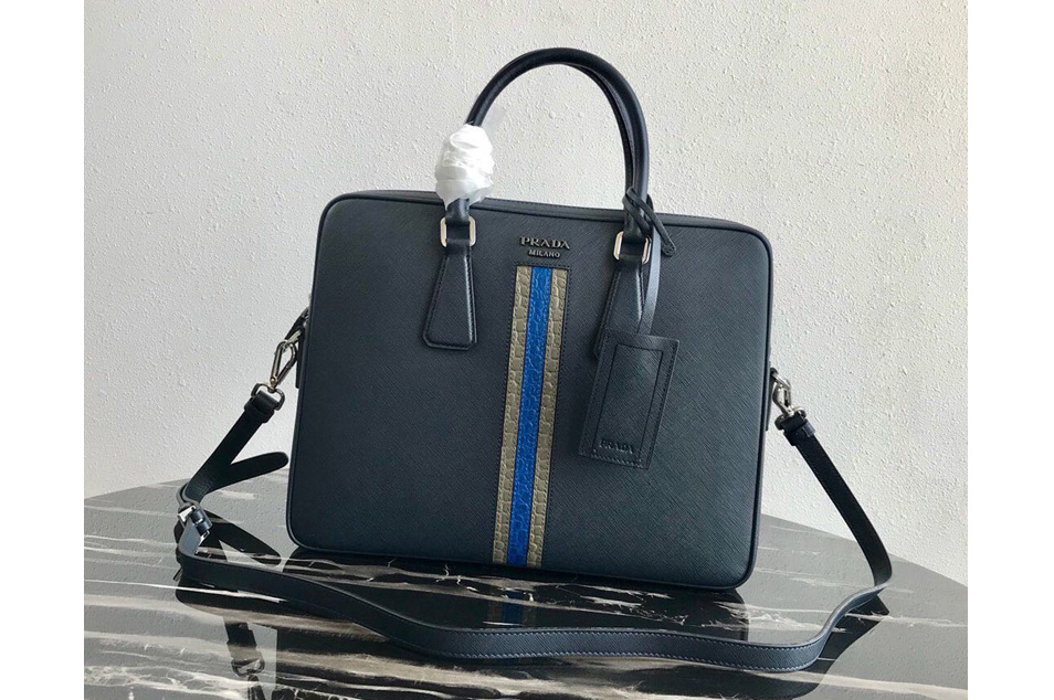 Prada 2VE368 Saffiano Leather Briefcase Bag in Navy Blue Saffiano leather With Gray/Blue Web