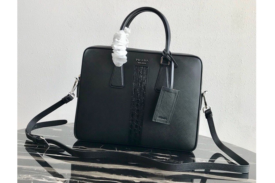 Prada 2VE368 Saffiano Leather Briefcase Bag in Black Saffiano leather With Black Web