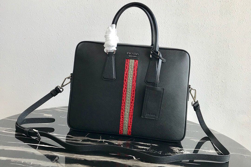 Prada 2VE368 Saffiano Leather Briefcase Bag in Black Saffiano leather With Red/Gray Web